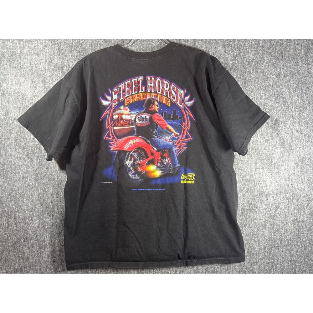 Vintage 2001 Steel Horse Stampede Logans Roadhouse Biker T-Shirt Black XL Gildan